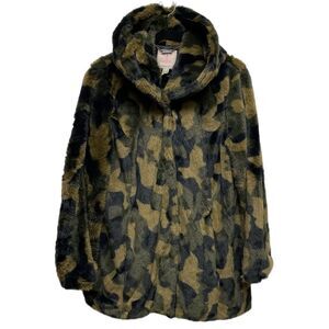 Isaac Mizrahi Live! SOHO Camo Plush Faux Fur Hooded Coat Green Tan Size M